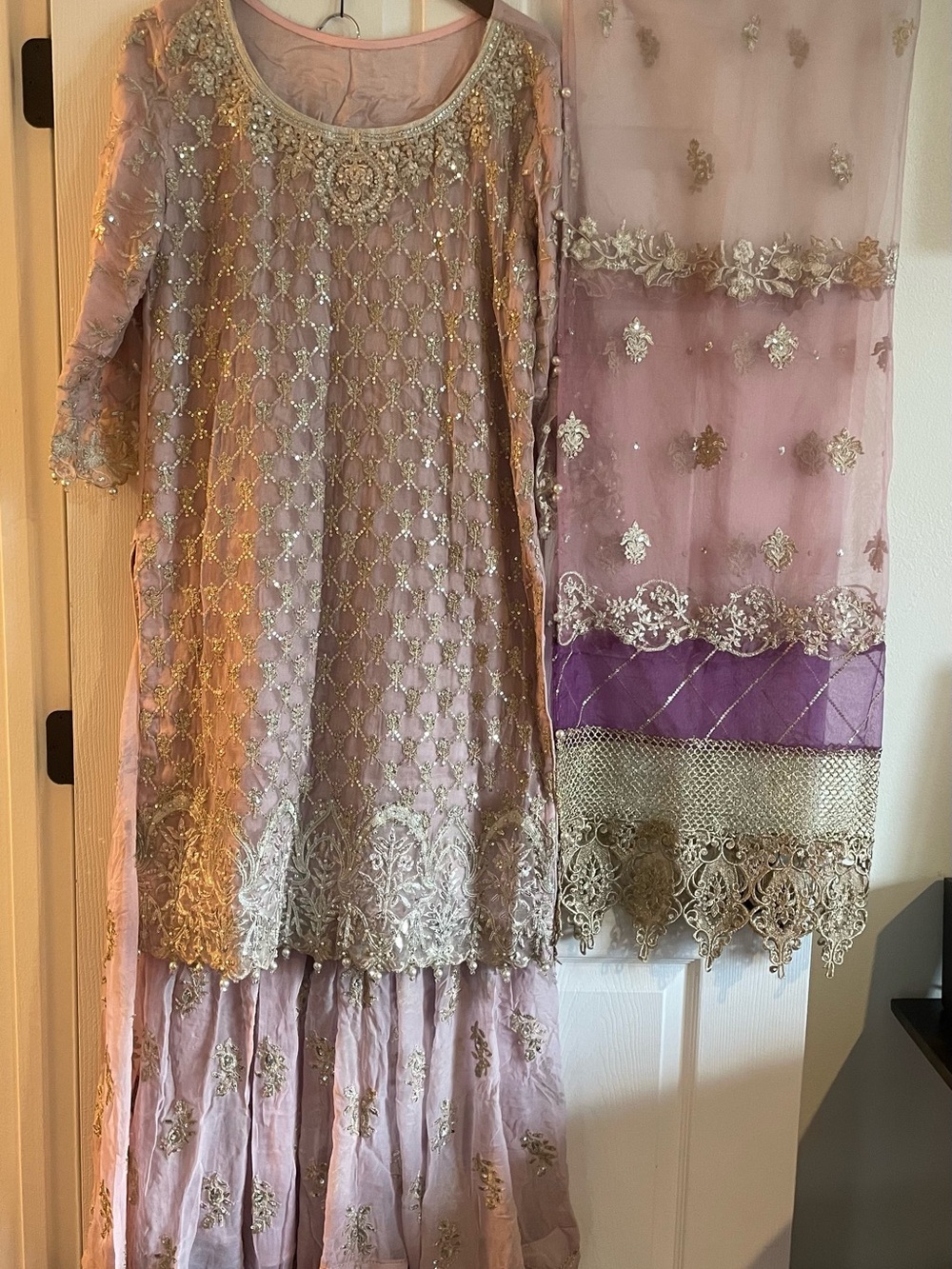 Women’s Formal Dusty Rose Sharara with Gold Embroidery & Pearl beading